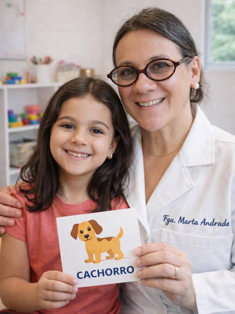 A fonoaudióloga Marta Andrade e uma menina sorrindo lado a lado, segurando um cartão ilustrado com a palavra cachorro, na sala de atendimento da Práxis.